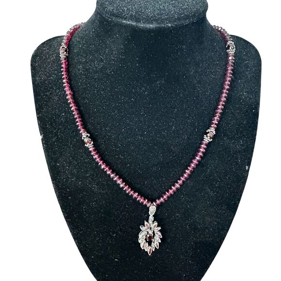 Beaded Garnet Necklace with Pendant Oval Cut Garnet Prong Set Silver - Picture 1 of 8